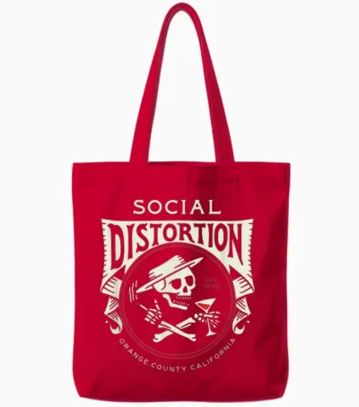 Official Social Distortion Skelly Circle T-Shirt, Black Tote Bags - Red