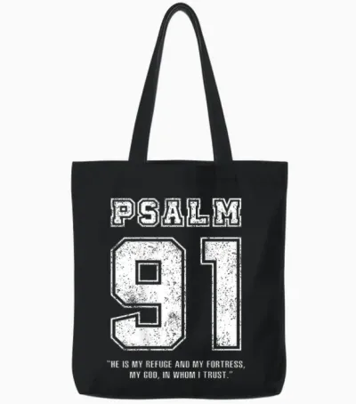 Psalm 91 Jersey Look Bible Verse (back Print Only) Christian T-Shirt, Black Tote Bags - Black
