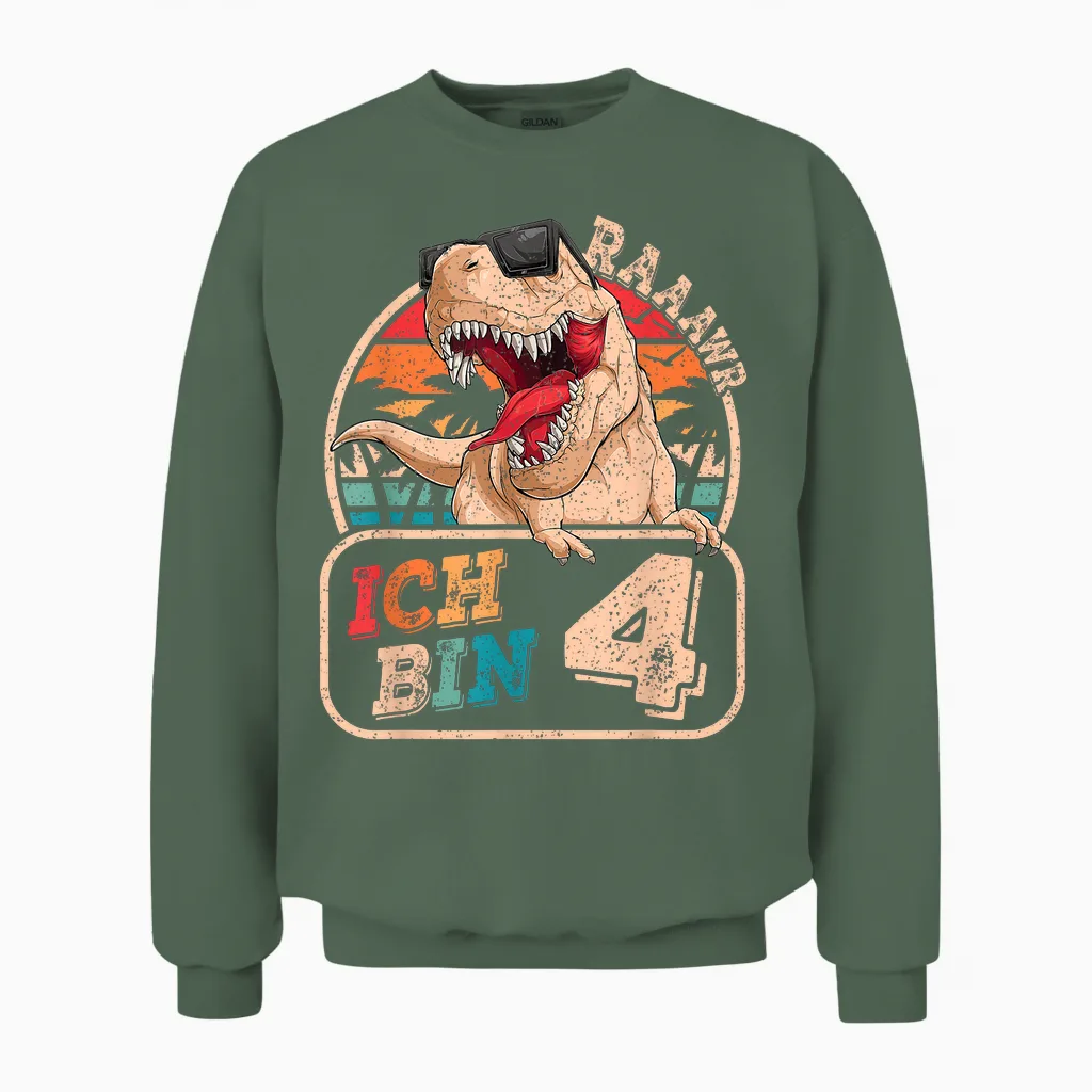 Ich Bin 4 Dinosaur 4 Years Dino 4th Birthday Boy Party T-Shirt, Black Unisex Sweatshirt in Military Green