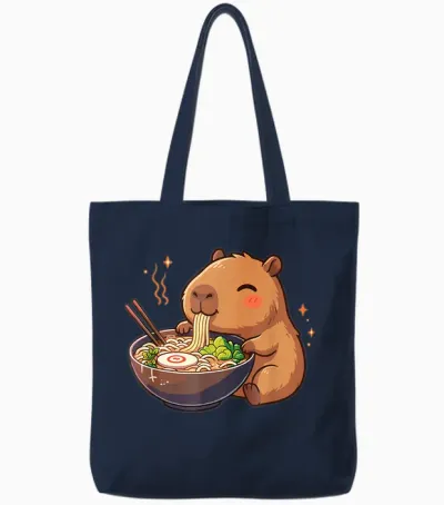 Capybara with Noodles Ramen Kawaii Capybara Tote Bags - Navy
