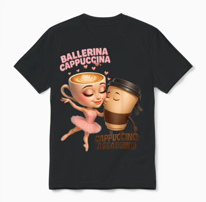 Italian Brainrot Ballerina Cappuccina Espresso Assassin Meme Unisex T-Shirt in Black
