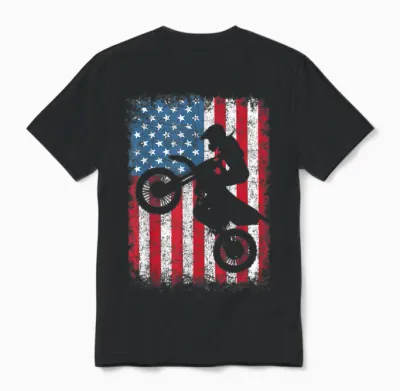 Dirt Bike Motocross Biker American Flag 4th of July Boys Men Unisex T-Shirt - Black