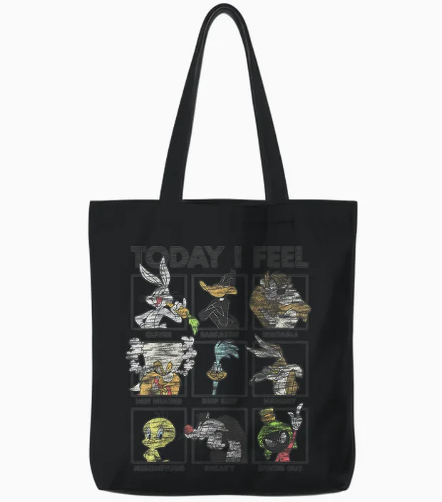 Looney Tunes Today I Feel Distressed Character Box Ups Tote Bags in Black