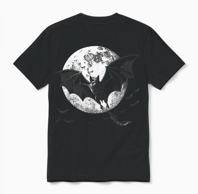 Gothic Bat Full Moon Halloween Horror Vampire Goth Girl T-Shirt, Black Unisex T-Shirt in Black