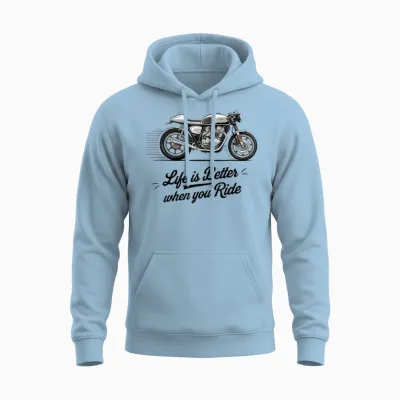 Life Is Better on a Classic Motorcycle, a Bicycle Cafe Racer Retro Unisex Hoodie - Light Blue