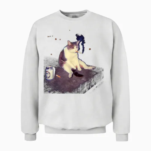 Cigarette Kitten Funny Smoking Cat Meme Stupid Brainrot Unisex Sweatshirt - White