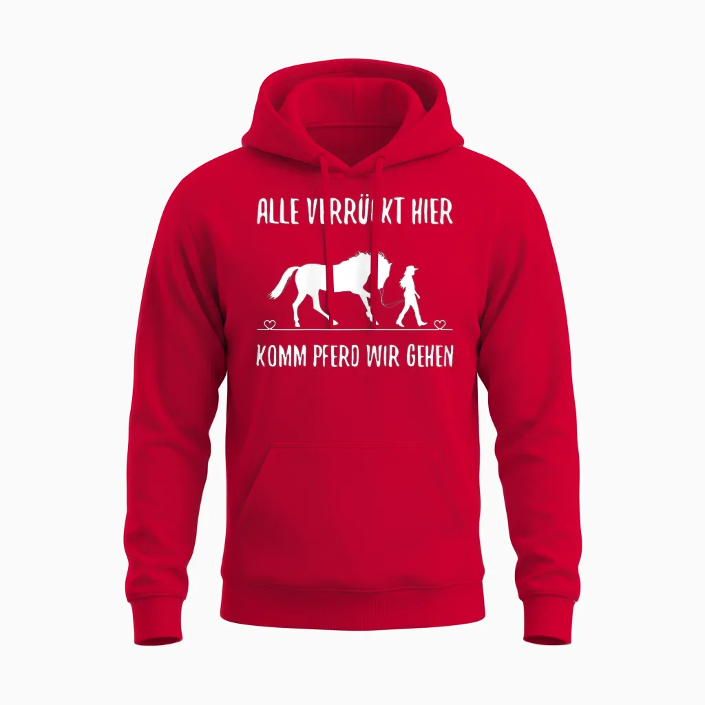 Women's T-Shirt with German Text "alle Vrazy Hier Komm Pferd Wir Going Reiter" [alle Verrückt, Black, S Unisex Hoodie in Red