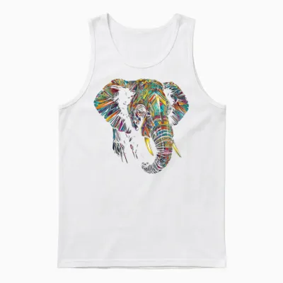 Elephant T-Shirt with Colourful Animal Design, Black Unisex Tank Top - White