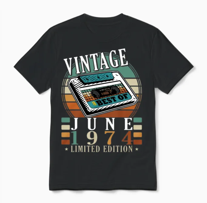 June 1974 Vintage Birthday Present Unisex T-Shirt in Black