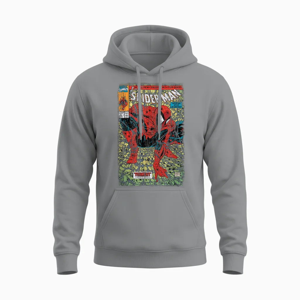 Marvel Comics Retro Classic Spider-Man Torment Distressed Unisex Hoodie in Sport Grey