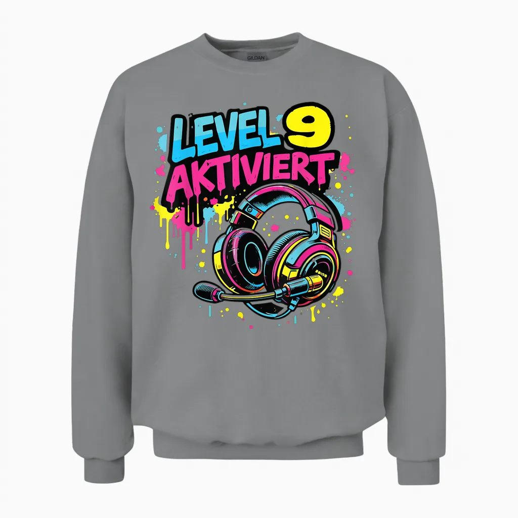 9. Geburtstag Jungen Video Gamer Level 9 Aktiviert Unisex Sweatshirt in Sport Grey