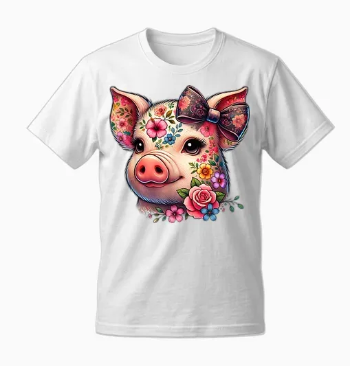 Adorable Pig Flower Graphic Pig Farm Animal Lovers for Women and Girls T-Shirt, Black, S Unisex T-Shirt - White