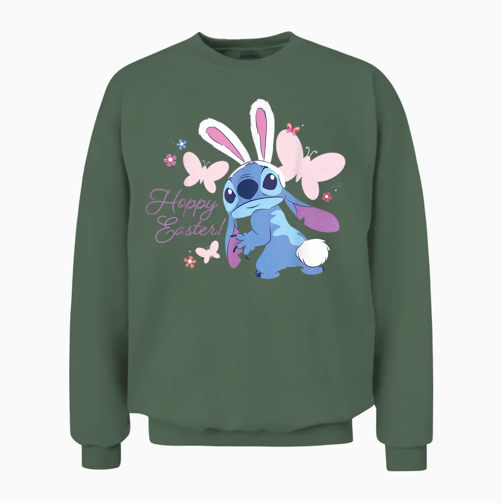 Disney Lilo & Stitch Hoppy Easter Bunny and Butterflies T-Shirt, Black Unisex Sweatshirt in Military Green