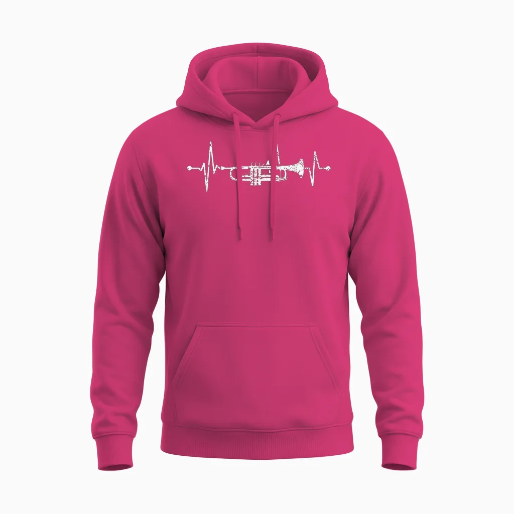 Trumpet Heartbeat Orchestra Musician Trumpeter T-Shirt, Black Unisex Hoodie in Heliconia