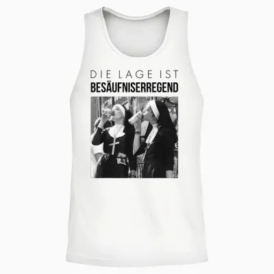 Fun T-Shirt with German Text "die Lage Ist Besäufniserregend". Nuns Drinking Beer, White Unisex Tank Top - White