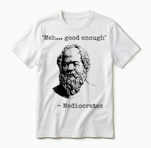 Meh Good Enough, Mediocrates, Mediocre, Mediocrity Unisex T-Shirt in White