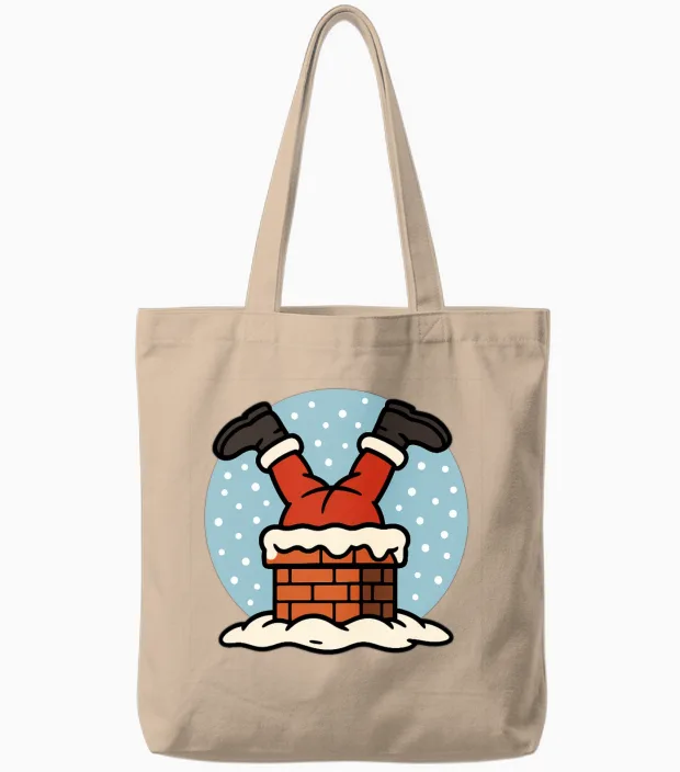 Santa Feet Snow Chimney Humor Tote Bags in Natural