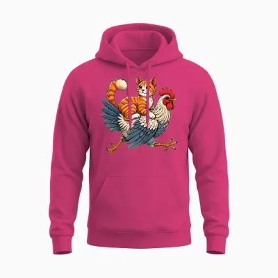 Funny Cat Riding a Chicken Whimsical Cat Unisex Hoodie - Heliconia