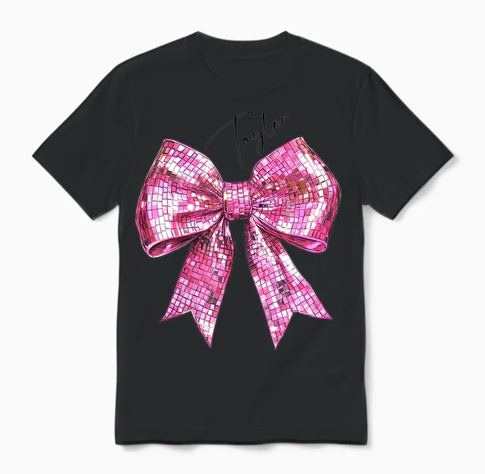 Bow Ball Disco Pink T-Shirt, White, Female X-Small Unisex T-Shirt in Black