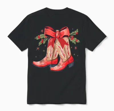 Merry and Bright Cowgirl Boot Christmas Western Cowboy Unisex T-Shirt - Black