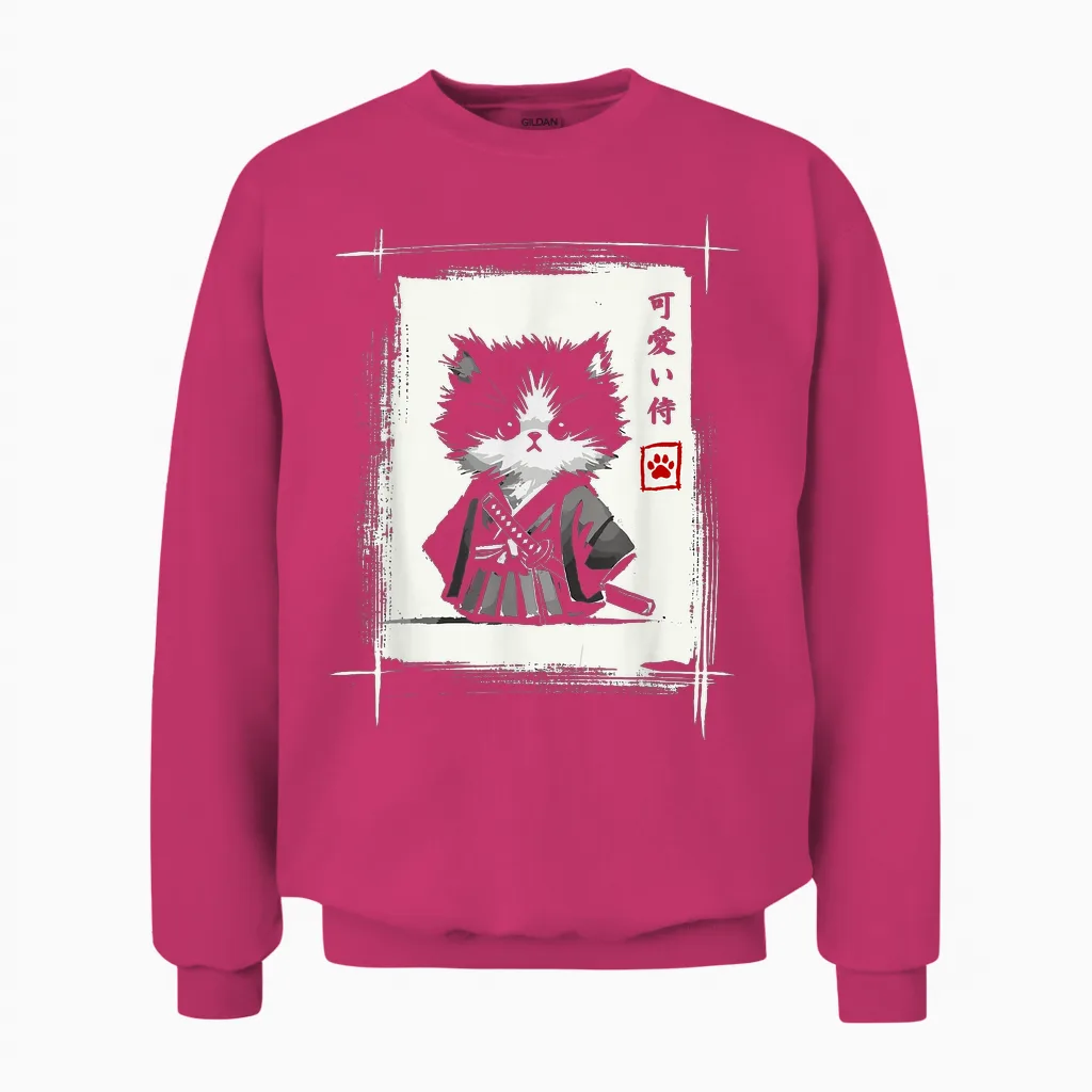 Samurai Cat Japanese Art Sumi-E Novelty Kawaii Funny Cat Unisex Sweatshirt in Heliconia