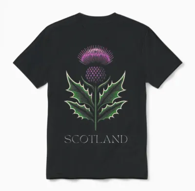 Scottish Thistle Flower, Celtic Symbol, Plaid Pattern Unisex T-Shirt - Black