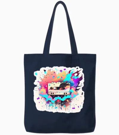 Sticker Style Retro Cassette Tote Bags - Navy