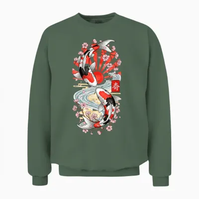 Japanese Koi Carp Fish Cherry Blossom Men Women Unisex Sweatshirt - Military Green