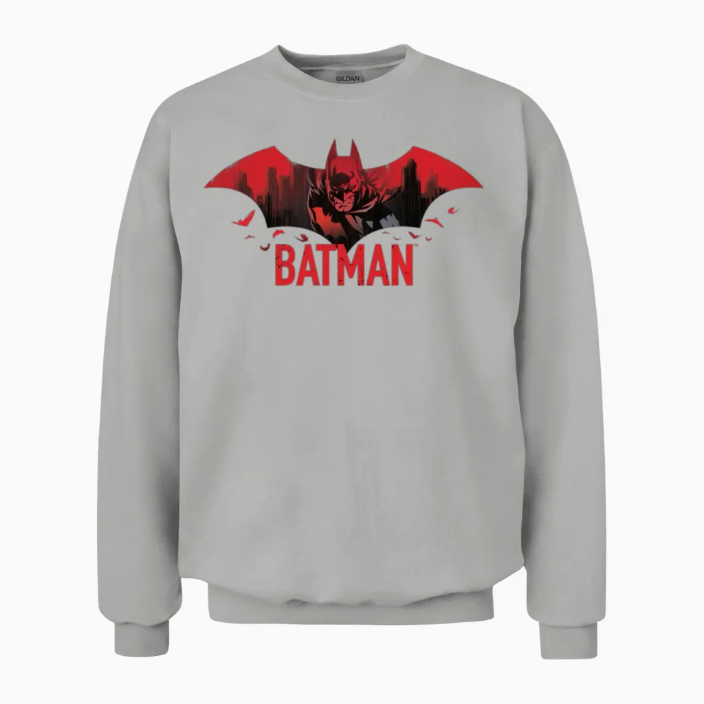 Batman with Bats and Red Batman Logo Unisex Sweatshirt in Ash