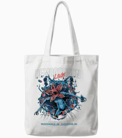 Stranger Things Demogorgon Live the Upside Down T-Shirt, Black Tote Bags - White