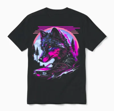 Retro Synthwave Gangster Wolf Unisex T-Shirt - Black