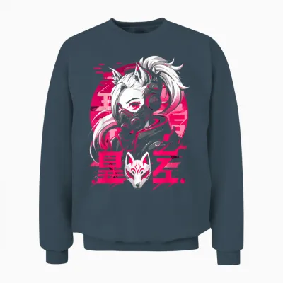 Anime Manga Cyberpunk Aesthetic Techwear Harajuku Kitsune T-Shirt, Black Unisex Sweatshirt - Dark Heather