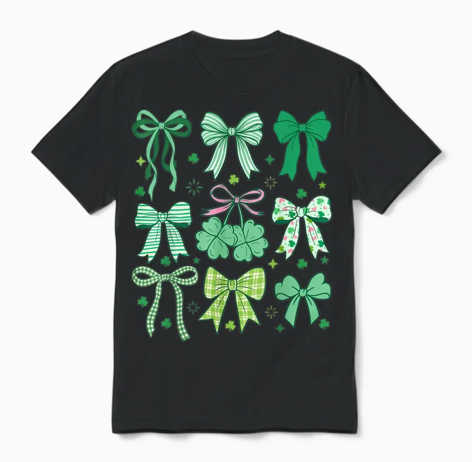 Cute Green Shamrock Bow Coquette St Patricks Day Unisex T-Shirt in Black