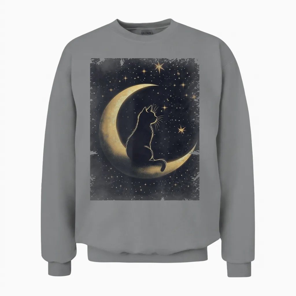 Coole Art Grafik Schwarze Katze Mit Mond Unisex Sweatshirt in Sport Grey