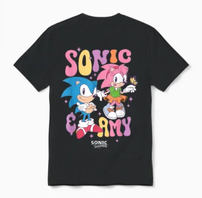 Sonic the Hedgehog Sonic & Amy Cute Vintage Shot Unisex T-Shirt - Black
