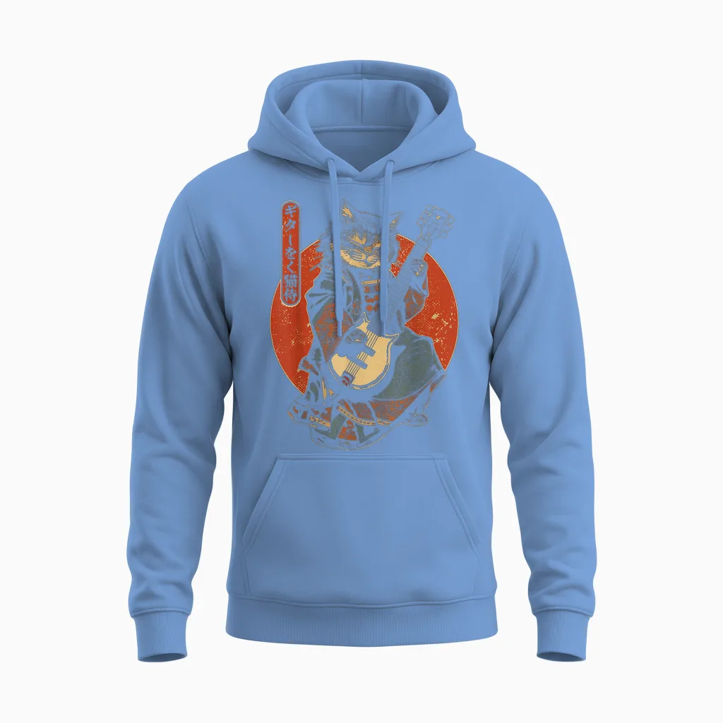 Japanese Samurai Cat Playing Electric Guitar T-Shirt, Black, S Unisex Hoodie in Carolina Blue