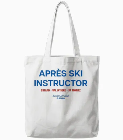 Aprés Ski Instructor X Livelife Ski Club Skier Backprint T-Shirt, White Tote Bags - White