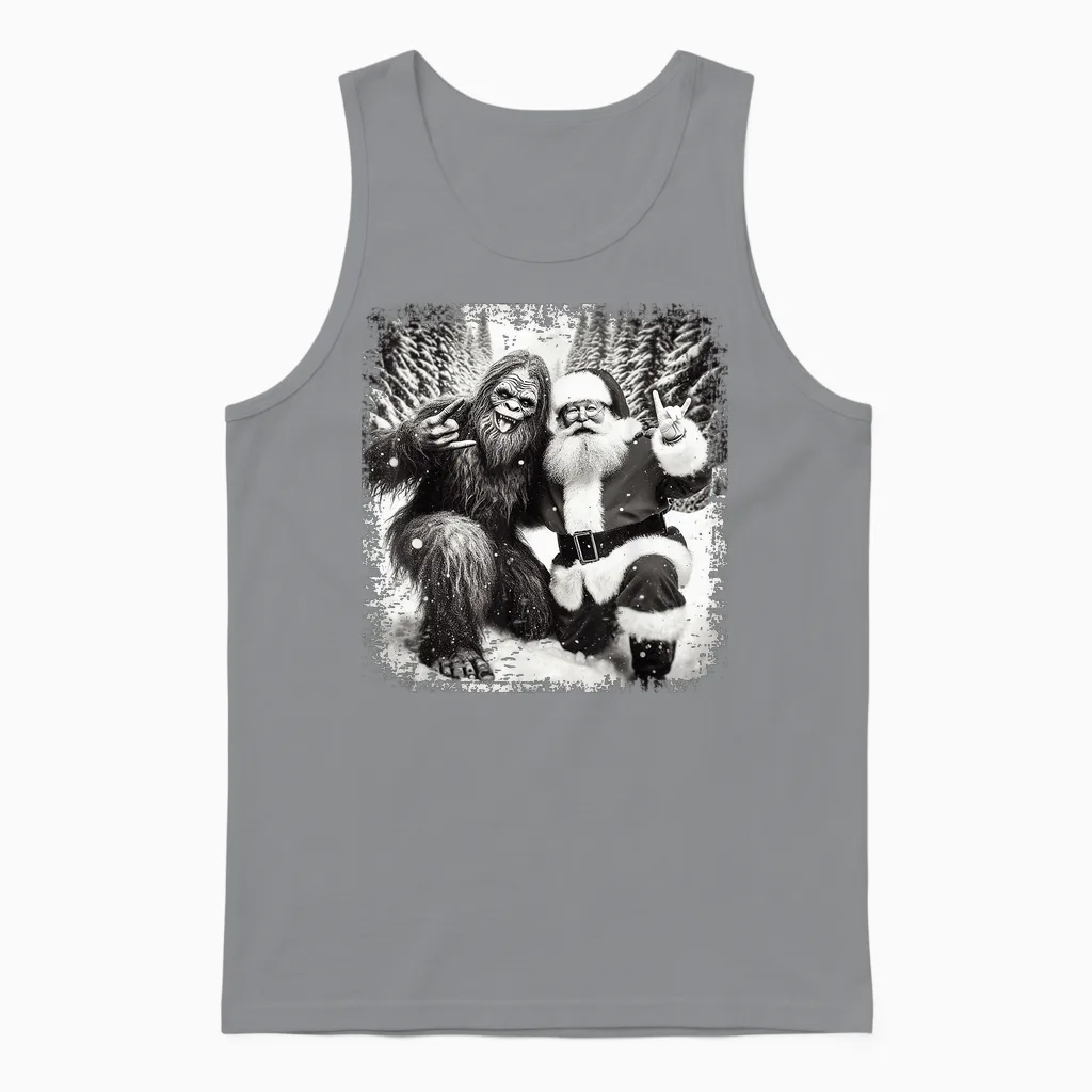 Santa with Bigfoot Christmas Lights Funny Sasquatch Believe Unisex Tank Top in Sport Grey