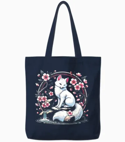 Japanese Kitsune Yokai White Fox Ghost Ukiyo-E Vintage Tote Bags - Navy