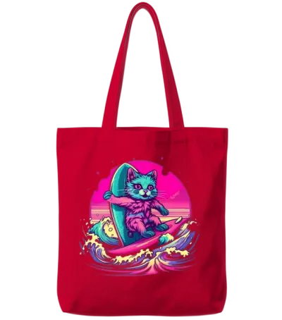 Retro Surfing Cat Tote Bags - Red