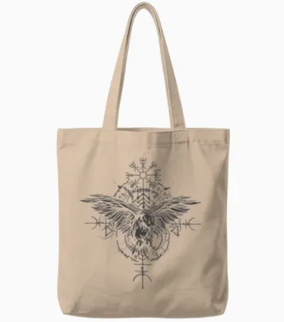 Walhalla Raven Odins Runes Nordic Compass Viking T-Shirt, Black Tote Bags - Natural