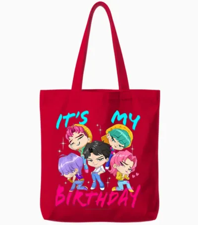 Kpop Demon Hunters It's My Birthday Saja Boys Group Shot Tote Bags - Red