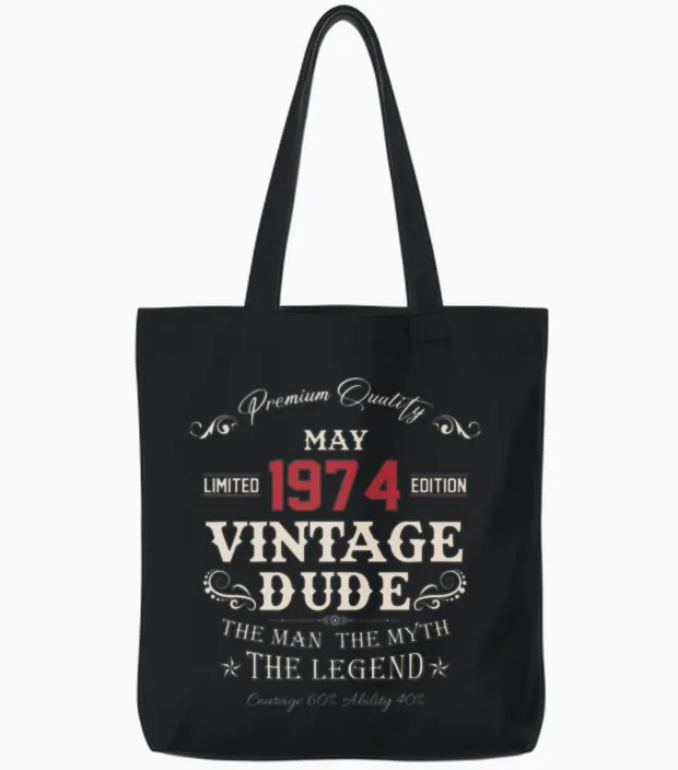 May 1974 Vintage Birthday Present Tote Bags in Black