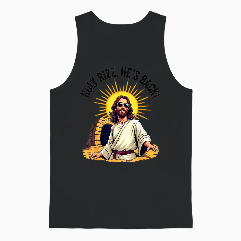 Holy Rizz, Il Est De Retour Humour Chrétien Drôle Jésus Meme Unisex Tank Top in Black