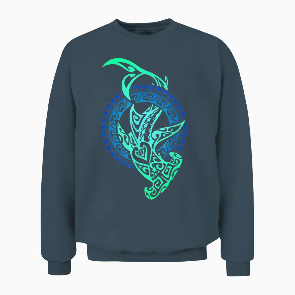 Shark Tribal Hawaiian Sun Polynesian Hawaiian Maori Cool Unisex Sweatshirt in Dark Heather