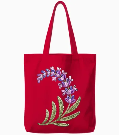 Stitches Embroidery Art Lavender Flowers Tote Bags - Red