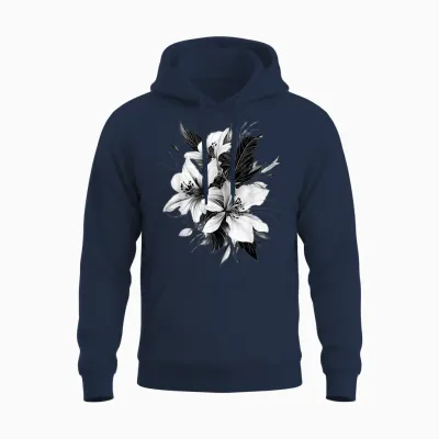 Botanical Art Flower Detailed T-Shirt, White, S Unisex Hoodie - Navy