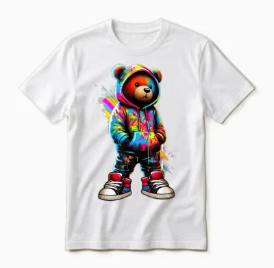 Colorful Hip Hop Teddy Bear Urban Rap Music Breakdance T-Shirt, Black, S Unisex T-Shirt - White