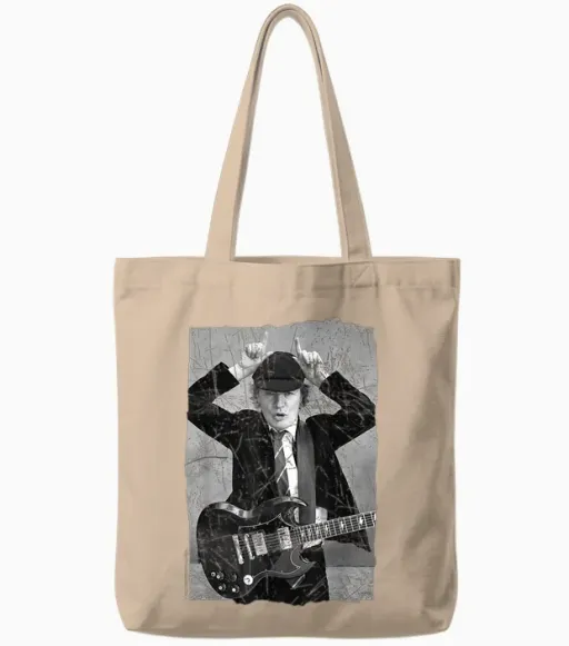 Ac/dc Rock Music Band Angus Young Distressed Photo T-Shirt, Black Tote Bags in Natural