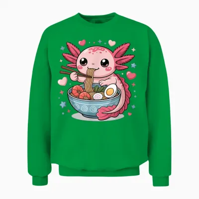 Axolotl Eats Ramen Noodles Super Cute Motif Axolotl Unisex Sweatshirt - Irish Green